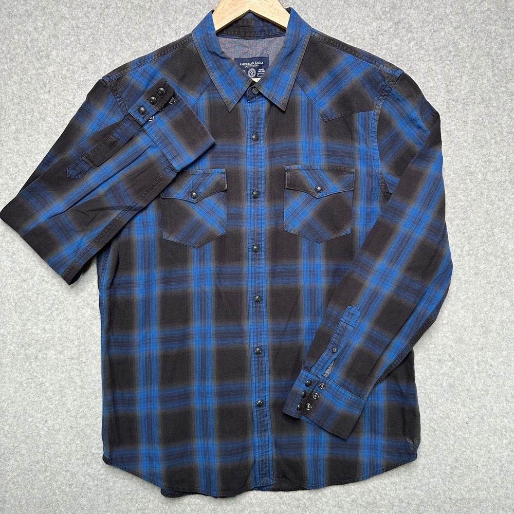 American Eagle Mens XL Blue Black Plaid Western Snap Button Long Sleeve Shirt
